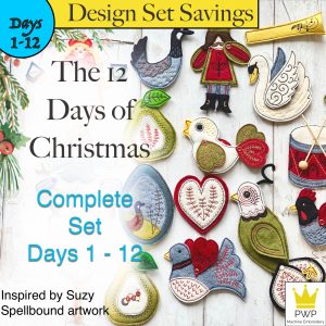 The 12 Days of Christmas COMPLETE set. In the Hoop Machine Embroidery designs for 5x7 hoops. By Pixie Willow Patterns