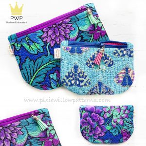 ITH Curved Zipper Bag with Quilted panels pattern. Tab top zipper bag, fully lined with no exposed seams, for 5x7 and 6x10 hoops.