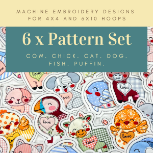 6x Pattern Set - Cow. Cat. Dog. Puffin. Fish. Chick. Appliques for 4x4 and 6x10 Hoops